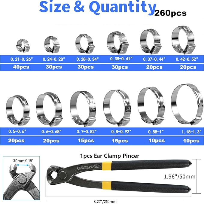 260 PCS 12 Sizes Single Ear Hose Clamps, 5.3-33.1mm 304 Stainless Steel Crimp Hose Clamp Assortment Kit with Ear Clamp Pincer, Cinch Rings Crimp Pinch Tools for Securing Pipe Hoses Automotive Use