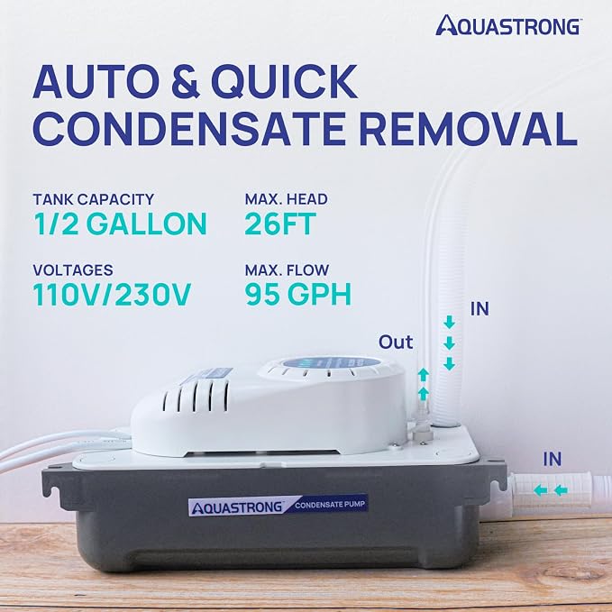 Aquastrong HVAC Condensate Pump, 115V/230V, Automatic Safety Switch, AC Condensate Removal for Air Conditioner, Furnace, Dehumidifier, 3.3' Power Cord, Light Gray