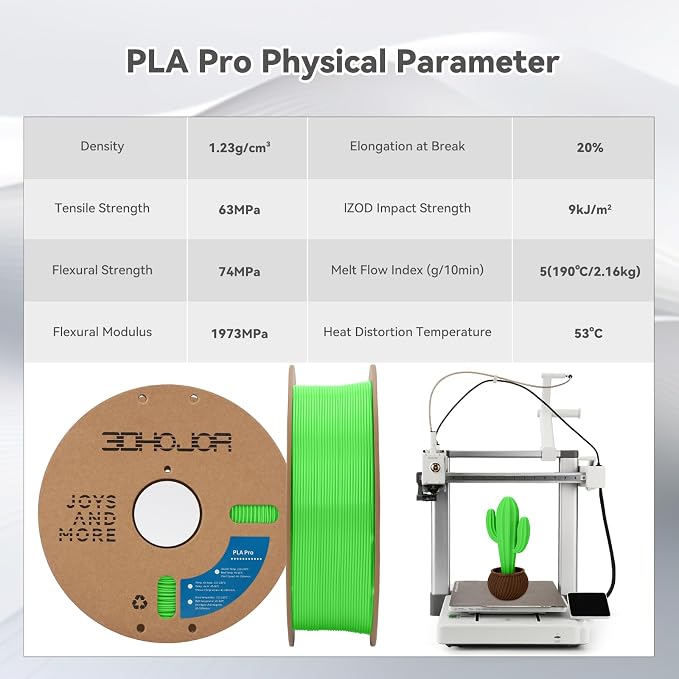 3DHoJor PLA Pro (PLA+) Filament 1.75mm, 3D Printer Filament, Cardboard Spool, Dimensional Accuracy +/- 0.03 mm-Peak Green, 1kg