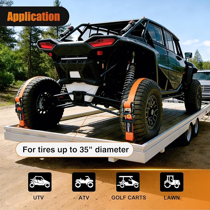 Nilight Wheel Chock Tie Down Kit 4500lb Break Strength 2Pcs E Track Ratchet Straps 4 Pcs Heavy Duty Trailer Tire Straps System for ATV, UTV, Lawn Mower,SXS 10 in-30 in Diameter Tires Orange