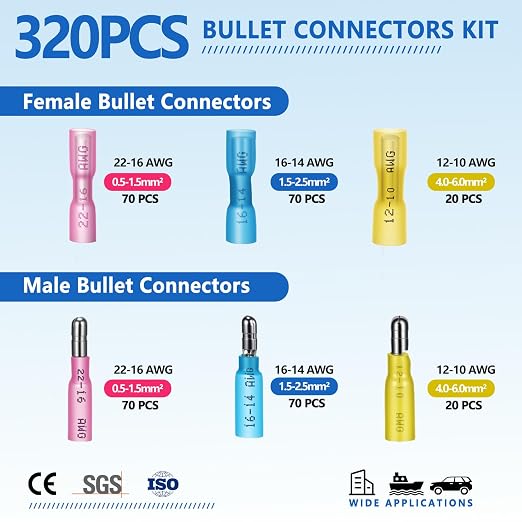 320PCS Heat Shrink Bullet Connectors with Ratcheting Wire Crimper, Male and Female Bullet Wire Connectors, Insulated Waterproof Marine Grade Electrical Connectors for Automotive Boat for Wiring