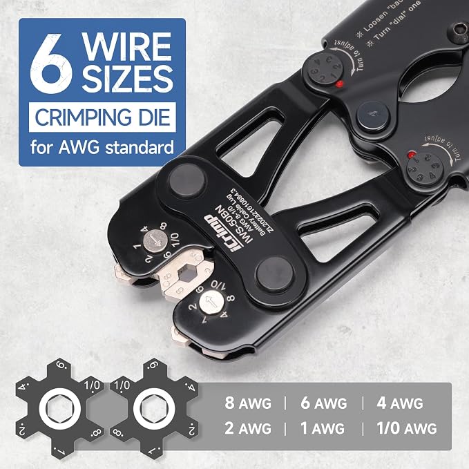 iCrimp Battery Cable Lug Crimping Tool Kit for 8-1/0 AWG - 63pcs Copper Lugs & 25pcs Heat Shrink Tubes, Wire Cutter & Stripper