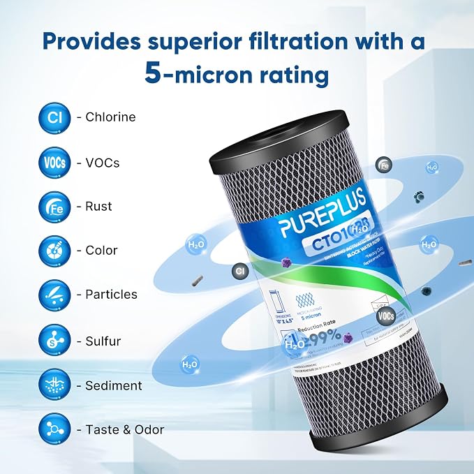 PUREPLUS 10" x 4.5" Whole House Carbon Water Filter Combo Pack, CTO10BB + CTO10BB-KDF + CTO10BB-CQB, 5 Micron, Lead & Heavy Metal Reduction, Fits GE GXWH40L, DuPont WFHDC8001, 3-Pack