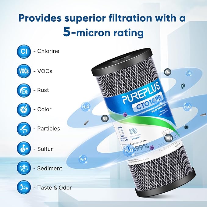 PUREPLUS 5 Micron 4.5"x10" Whole House Water Filter Combo, with String Wound Sediment & Iron Reducing Filter and Activated Carbon Block Filter, 1PACK