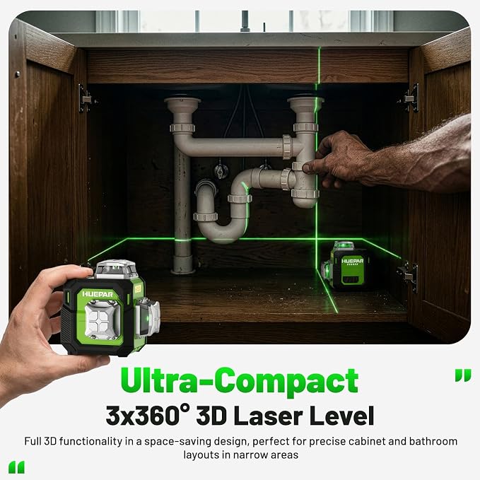 Huepar Laser Level 360° Self Leveling with 60" Tripod, New 3D, Smaller Size, Better Value, 3x360° Green Cross Line Laser Level 12 Lines, Rechargeablel Outdoor Pulse Mode, Tile, Cabinet, etc. ST03CGTP
