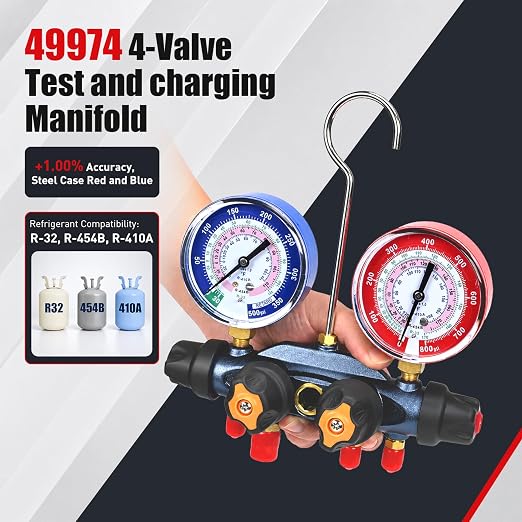 49974 A2L 4-Valve Test and Charging Manifold, 3-1/8" (80mm) Gauges for R-32/R454B/R410A, HVAC Manifold, Hoses Not Included