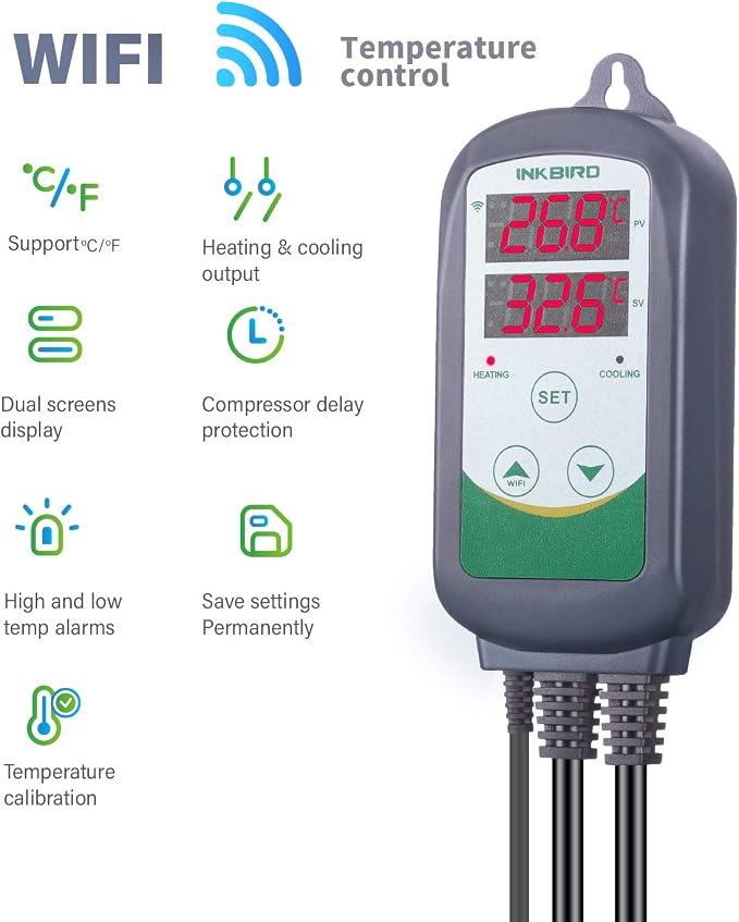 Inkbird WiFi Temperature Controller ITC308 Reptile Freezer Thermostat Digital Heating and Cooling Heater Cooler Greenhouse Plug Outlet 2 Stage 1100W 110V