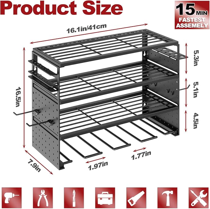 Power Tool Organizer Wall Mount - 4 Layer Metal Power Tool Storage Rack, Cordless Tool Holder with 4 Hooks, Utility Storage Rack for Garage Workshop Shed Pegboard