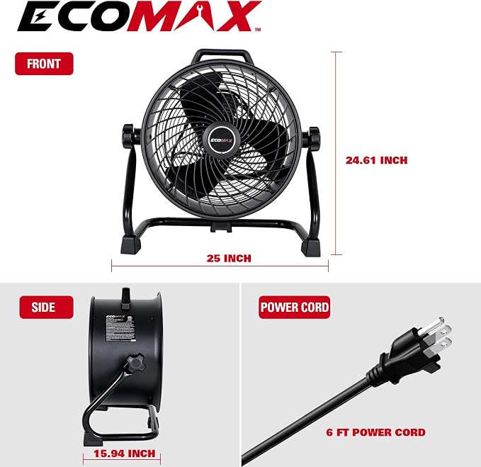 ECOMAX 16 Inch High Velocity Industrial Fan Portable Heavy Duty Drum Fan Metal Shop Fan with 3-Speed 360° Tilting, Floor Fans for Warehouse Workshop Garage, ETL Listed, EMF101618D