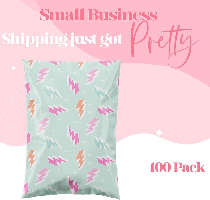 Pretty Package Store Designer Poly Mailers, 10x13, Lightning Bolt, 100 Pack | Heavy Duty, Waterproof, Self Seal, Tear Resistant, Shipping Bags for Small Business Packaging, Bulk Mailing Envelopes