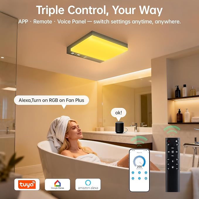 VallisCo Bathroom Exhaust Fan with Light, Bluetooth Speaker, Odor & Humidity Sensors, 230 CFM Quiet Ceiling Fan with 3 Dynamic RGB Lighting, 3CCT - Remote App Control - Compatible with Alexa