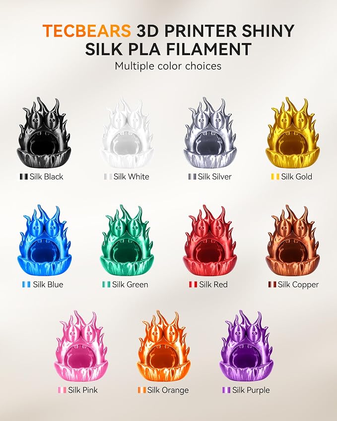 TECBEARS Silk Filament 1.75, Shiny Silk PLA Filament, 3D Printer Filament with Smooth Silky Surface, 250G Spool, 8 Rolls, Gold+Silver+Purple+Green+Blue+Pink+Orange+Red Copper