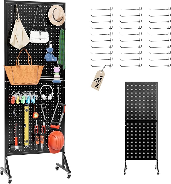 Metal Pegboard Display Stand 66" x 24”, Pegboard Shelf with 30 Hooks, 4 Wheels and 4 Leveling Feet, Peg Board Panels Display Rack for Retail Store, Craft Show, Garage, Jewelry Organizer, Black