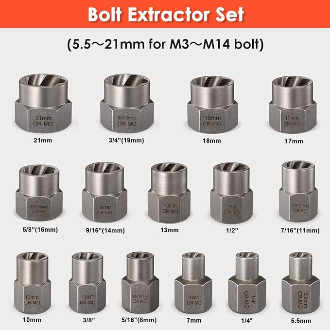 THINKWORK Damaged Screw Extractor Set, 2-21mm, 39-Piece Broken Bolt Extractor Kit, 3/8" Drive Lug Nut Removal Tool, Rounded Bolt Remover for Damaged, Rusted, Rounded-Off, Stripped Fasteners