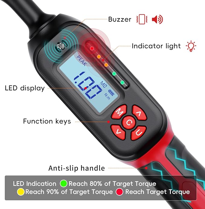 1/4" Digital Torque Wrench, 1-20 N.m / 0.7-15 Ft.lb, ±2% | Precision You Can Trust, Triple Warning Protection, Dual Measurement Modes, Easy-to-Read LED Display, 4 Units for Mechanics