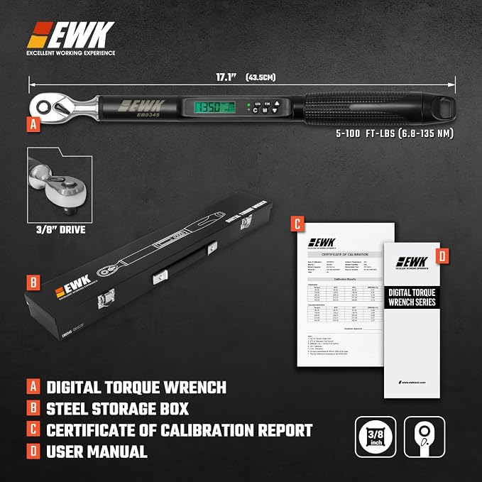 EWK 3/8 Inch Drive Digital Torque Wrench 5-100 ft-lbs (6.8-135 Nm) | IS0 6789, ±1.5% clockwise / ±2.5% counterclockwise, LCD Display, LED Buzzer Vibration Alert, 30 Memory Values
