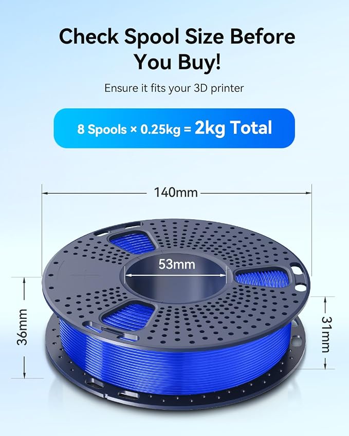 JAYO PLA+ Filament Bundle 1.75mm, 3D Printer Filament Bundle Multicolor, Individually Vacuum Packed, 250g Spool, 8 Pack, 2KG in Total, Black+White+Grey+Blue+Green+Orange+Yellow+Burlywood Color