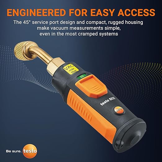 testo 552i Wireless Digital Vacuum Probe - Vacuum Gauge for HVAC Systems with IP54 Protection – 45° Service-Port Design - HVAC Tool for AC/R System Evacuation with Bluetooth and App