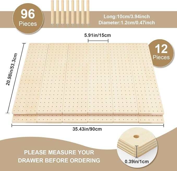 Kigley 12 Pcs Pegboard Drawer Organizer with 96 Drawer Peg Wood Peg Board Wooden Kitchen Plate Organizer for Dishes Food Containers Cookware Utensils(21 Inch,Wood Color)