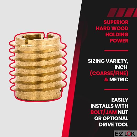 E-Z LOK Knife Threaded Insert for Hard-Wood, Brass Thread Inserts, M5-0.8 Internal Threads, 0.500" Length Pack of 10