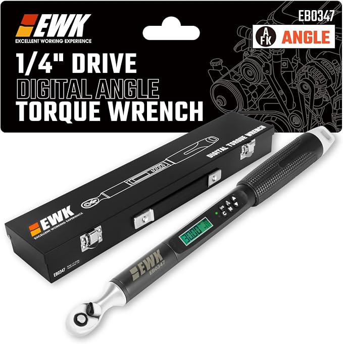 EWK 1/4" Drive Digital Angle Torque Wrench 1.1-22.1 ft-lbs (1.5-30 Nm) | ±1.5% clockwise / ±2.5% counterclockwise and angle accuracy of ±2%, LCD Display, LED Buzzer Vibration Alert, 30 Memory Values