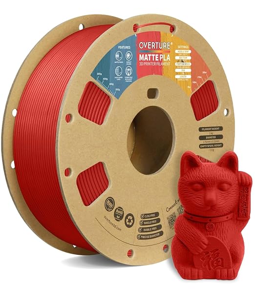 OVERTURE Matte PLA 1.75mm, Low Warp & Smooth Finish 3D Printer Filament | Frosted Matt Finish Hides Layer Lines, 1kg Spool (2.2lbs) Cardboard Spool, Fit Most FDM Printer (Matte Brick Red)