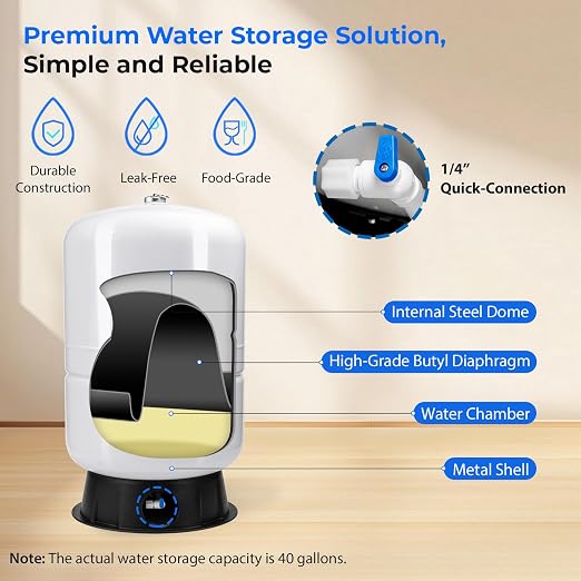 iSpring 40 Gallon RO Tank, Pre-Pressurized Water Storage Tank for Reverse Osmosis RO Systems, Metal High Capacity RO Water Tank, Includes Tank Valve & Elbow, Model: T40M