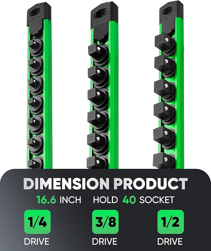 ALOANES Magnetic Socket Organizer Set, 3-Piece Heavy Duty Aluminum Socket Rails, 360° Swivel Clips Socket Rail Kit for Tool Tray Drawer Fit 1/2, 3/8, 1/4-Inch x 40 Clips (Green, 3PC)