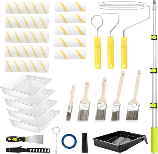 29 PCS Paint Roller Kit-Rocfinity Paint Roller with 4ft Extension Pole,Microfiber Paint Rollers 9 inch 4inch,Pro House Painting Supplies with Adhesive Tape, Non-Slip Tray for Painting Walls & Ceilings