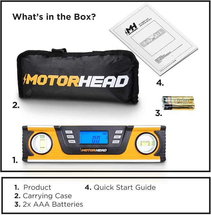 MOTORHEAD 10-Inch 0° - 180° SMART DIGITAL Level, LCD Screen, Audible Alerts, Water, Dust & Shock Resistant, Magnetic Bottom, Includes Bag, High-Visibility, Solid-Milled Aluminum, USA-Based Support