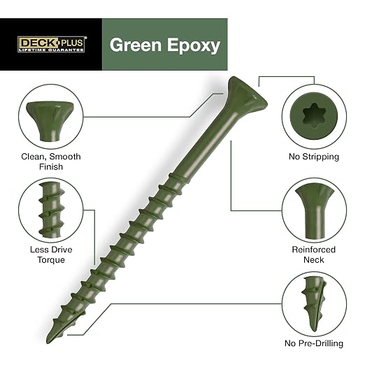 Deck Plus 1-1/4 Inch Epoxy Coated Exterior Wood and Fence Screws #6 x 1-1/4" Torx/Star Drive Included Coarse Thread, Outdoor Rust Resistant Decking Screw, Green, 1lb Box, 260 Pieces | 40537