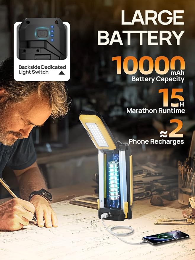 Rechargeable Work Light with Stand, 3 Detachable Panels (Large) | 10000mAh battery, Independent light panels, Telescopic tripod, Built-in feet, Storage bag, Yellow portable work light