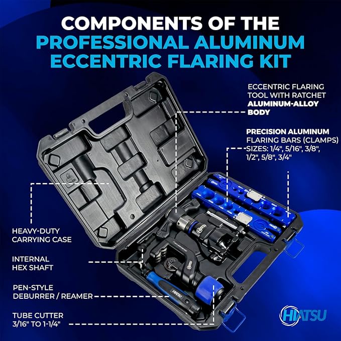 Hiatsu Eccentric Flaring Tool Kit with Ratchet, Drill Compatible, 1/4" to 3/4" Copper Tubing, Aluminum Construction