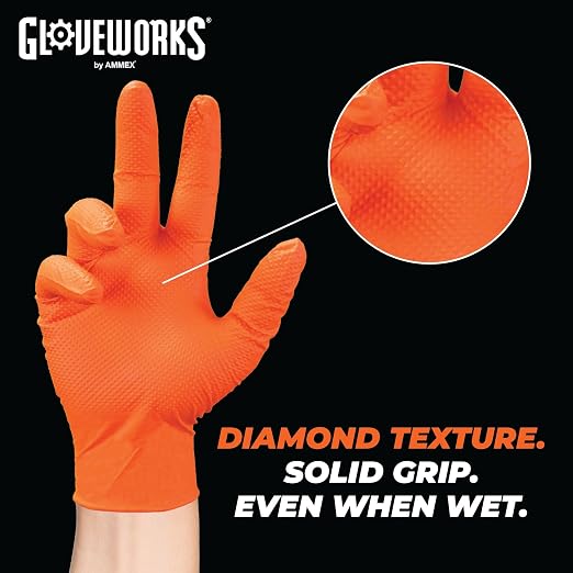 GLOVEWORKS 8 Mil Orange Nitrile Disposable Gloves Heavy Duty Industrial RDT for Mechanic and Automotive Large 10 Boxes of 100