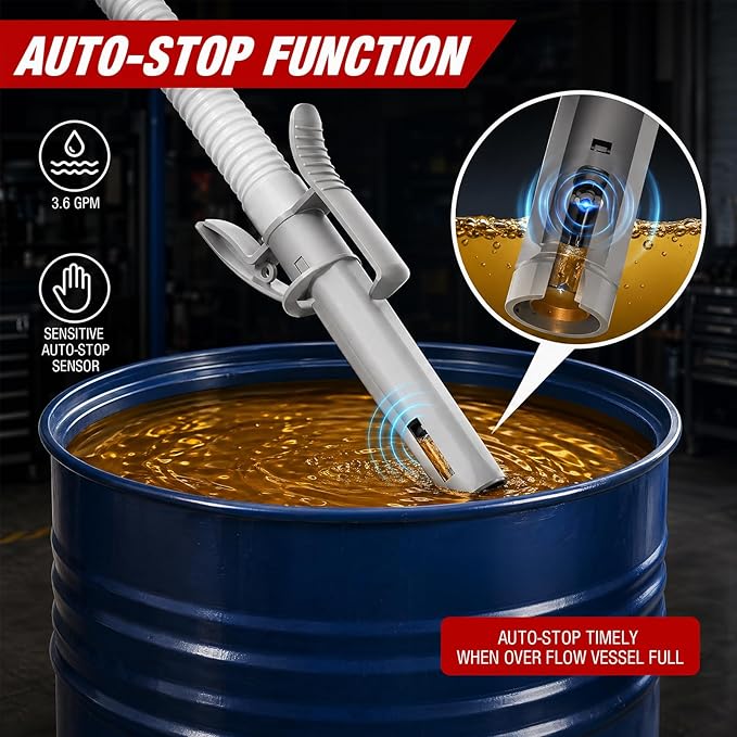 Automatic Electric Fuel Transfer Pump with Auto-Stop, 3.6 GPM, 54" Long Hose Gas Pump Battery Powered w 4 Size Can Adapters and Leak Protection for Gasoline, Diesel, Kerosene, Gifts for Men Dad