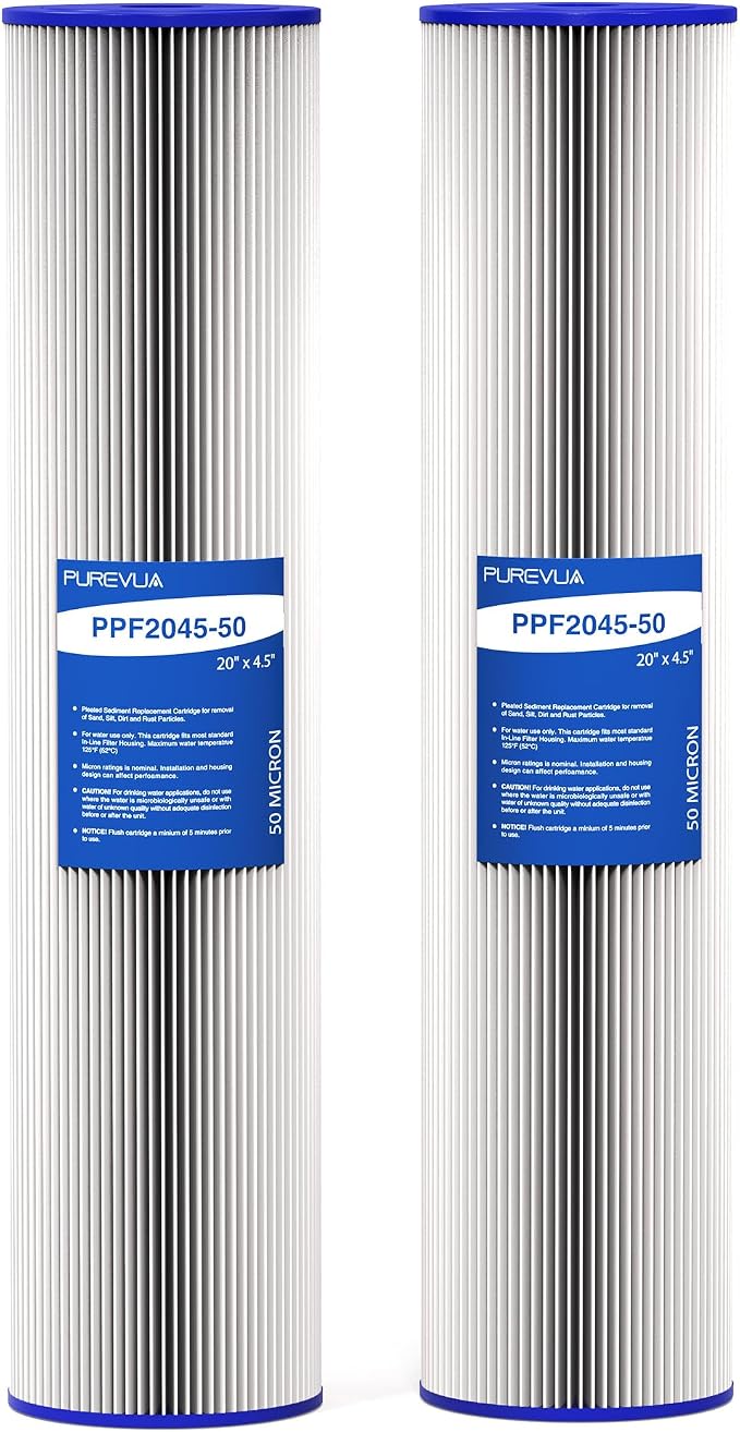 2-Pack 20" x 4.5" Pleated Sediment Water Filter Cartridge, 50 Micron High Flow Whole House Water Filter Replacement for Well Water, Compatible with ECP20-20BB, SPC-45-2020