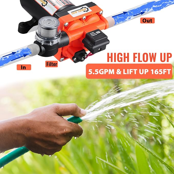 RV Fresh Water Pump 12V DC 5.5GPM 60PSI with Automatic Pressure Switch, Self Priming Diaphragm Pump for RV Marine Yacht Agricultural Irrigation