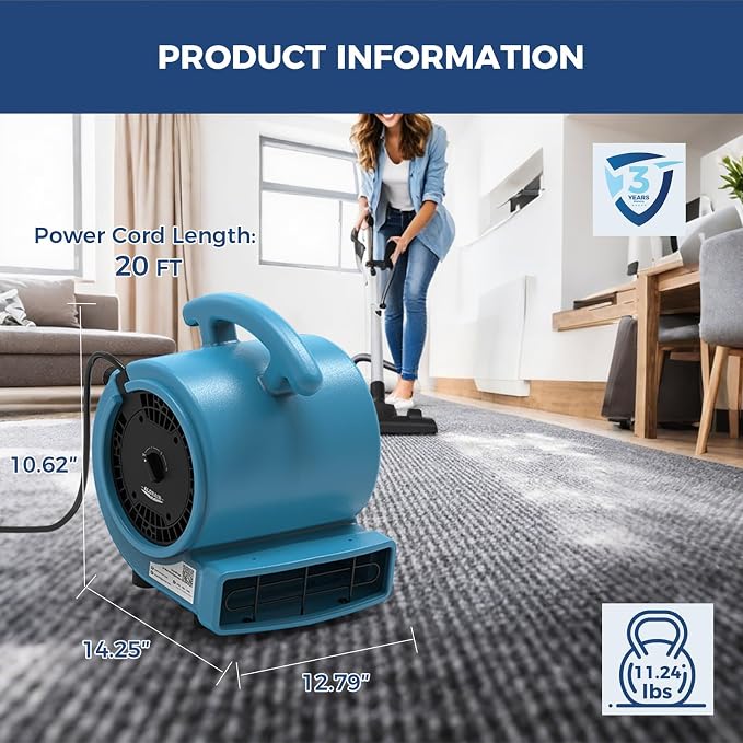 ALORAIR 1000 CFM Air Mover Blower Fan for Drying, Ventilating, Exhausting, Cooling, Utility Fan with 3 Speeds, 5 Adjustable Angles, 20ft Long Cord for Home, Industrial, Commercial Use - GE1000