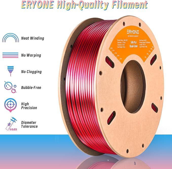 ERYONE PLA Filament 3D Printer Filament Multicolor 1.75mm +/- 0.03mm, PLA Filament 250g Spool, Silk Dual Color Black Red