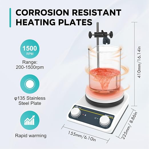 LAB FISH HS5 Magnetic Stirrer Hot Plate,260℃/500℉ | 5 inch stir plate, 3L capacity, knob speed control, with support stand, for lab heating & mixing