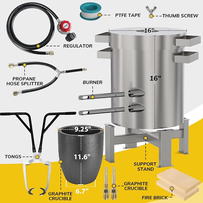 Nelyrho 50kg Propane Melting Furnace Kit - Full Stainless Steel Foundry with Crucible 50kg, Support Stand, and Tongs - Ideal for Melting Recycling Aluminum, Gold, Silver, and Copper Scrap