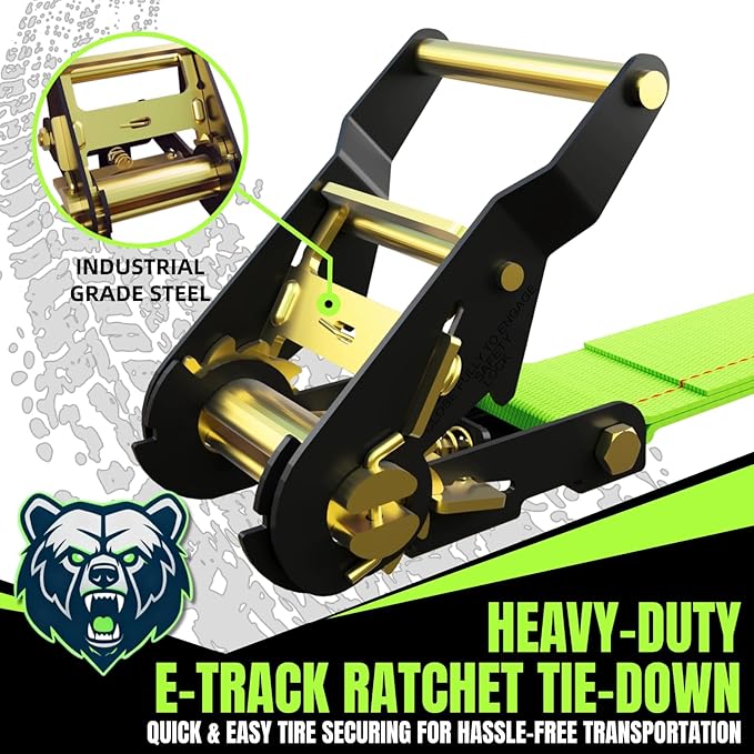 UTV Wheel Chock Tie-Down Kit, 4-Pack 2" x 10' E Track Ratchet Straps, 4,500lb Break Strength, Heavy Duty Trailer Tire Straps for SXS, UTV, ATV, Lawn Mower (Neon Green, 4pack)