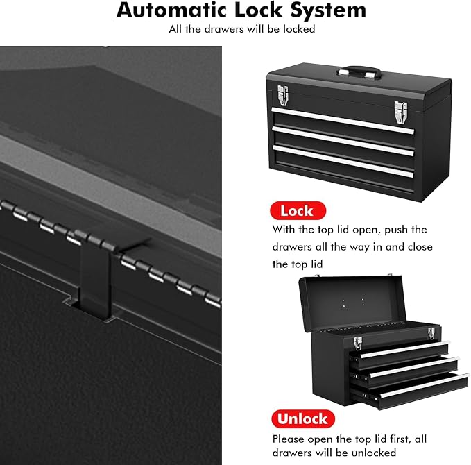 ERGOMASTER Portable Tool Box, Metal Tool Box with 3 Drawers, Lockable Heavy Duty Tool Chest Storage Toolbox for Garage, Workshop (Black)
