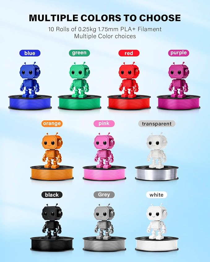 PLA Plus Filament 1.75mm Bundle 10x250g, 10 Pack 2.5KG PLA+ Sample 3D Printer Filament, 3D Printing Multi Pack Filament Dimensional Accuracy +/- 0.02mm