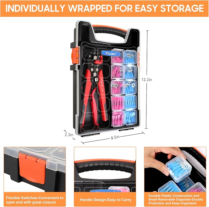 Kuject Crimping Tool Kit with 340 PCS Heat Shrink Connectors | AWG 22-10, Portable All-in-One Case, Ratchet Crimper, Self-Adjusting Wire Stripper , Butt, Ring, Female & Male Connectors