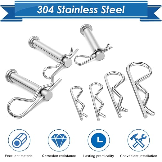 105Pcs Cotter Pin Assortment Kit - 304 Stainless Steel 7 Sizes R Clips Cotter Pins for Automotive, Trailer, Hitch Pin Lock System
