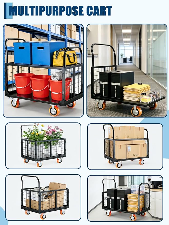 GarveeTech Platform Truck Cart with Cage, 6-in-1 Multi-Purpose Flatbed Cart, Foldable Hand Truck Load 1800LBS with 4 Wheels Push Dolly for Grocery, Laundry, Garage, Warehouse (Red+Black)