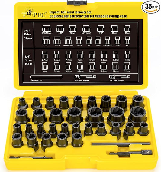 Topec Bolt Extractor Kit, 35-Piece Broken Bolt Extractor Set, Impact Bolt & Nut Remover Socket Set, Removal Tool for Removing Damaged, Frozen, Rusted, Rounded-Off Bolts, Nuts & Screws