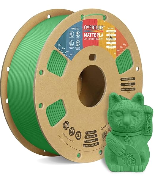 OVERTURE Matte PLA 1.75mm, Low Warp & Smooth Finish 3D Printer Filament | Frosted Matt Finish Hides Layer Lines, 1kg Spool (2.2lbs) Cardboard Spool, Fit Most FDM Printer (Matte Green)