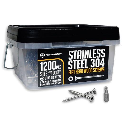 304 Stainless Steel Deck Screws, #10 x 2, 1200 PCS | Torx Flat Head Type 17 Point with T25 Bit, Ideal for Outdoor Wood Projects, Fences, Benches, Picnic Tables, Decks, Bulk Box